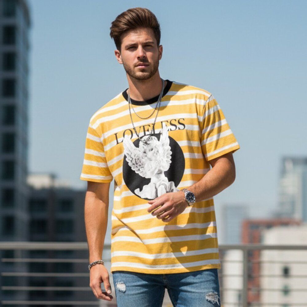Forever 21 Tee Short Sleeve Graphic Loveless Angel Shirt Yellow Mens sz Small